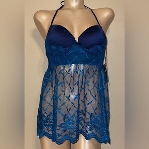 Coquette women’s lingerie large gown lace pushup baby doll top blue NWT